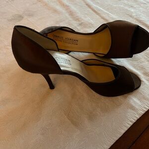 Charles Jourdan Couture Brown Satin and leather Peep Toe and Cut-Out Design heel
